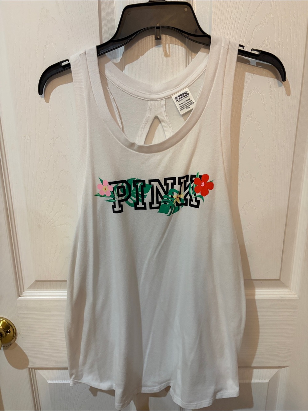 PINK Victoria's Secret White Tank with Floral-Embellished Logo